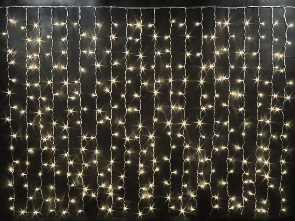 Светодиодный облегченный занавес 2*1.5 м., 220V, 300 теплых белых LED ламп, прозрачный ПВХ провод, Rich LED (RL-CS2*1.5-T/WW)