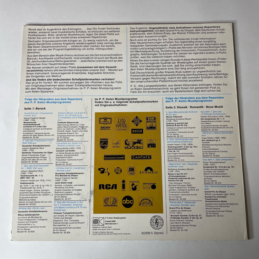 Винтажная виниловая пластинка LP Сборник Классической Музыки, Horproben Aus Dem P.P. Kelen Musikprogramm (Германия 1976)