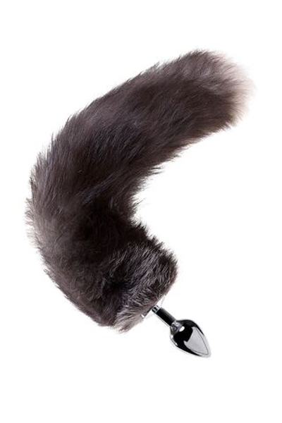 Большая серебристая металлическая анальная втулка с хвостом-чернобуркой (Цвет: черный с серым)