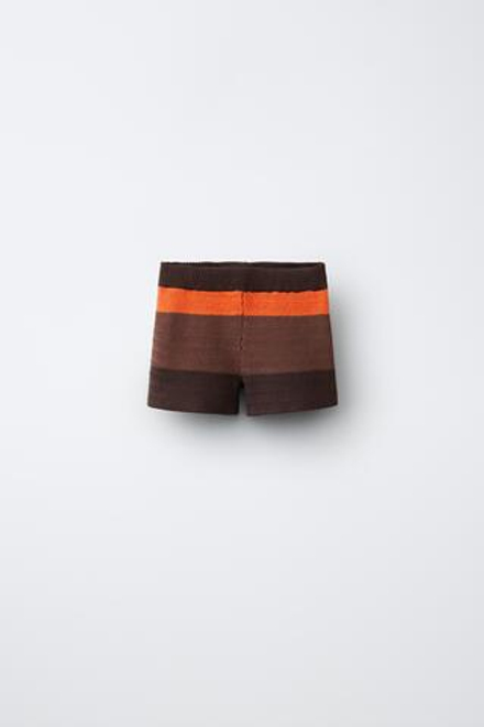 ZARA ШОРТЫ-БЕРМУДЫ ИЗ КРУЖЕВА КРОШЕ В КОНТРАСТНУЮ ПОЛОСКУ, КОРИЧНЕВЫЙ