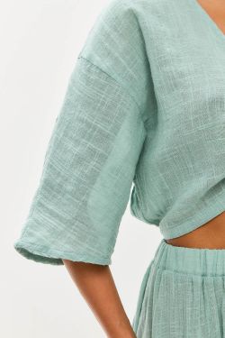 Блуза с завязками из хлопка stone wash мятного цвета