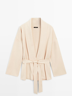 Massimo Dutti Вязаный кардиган с поясом, бежевый