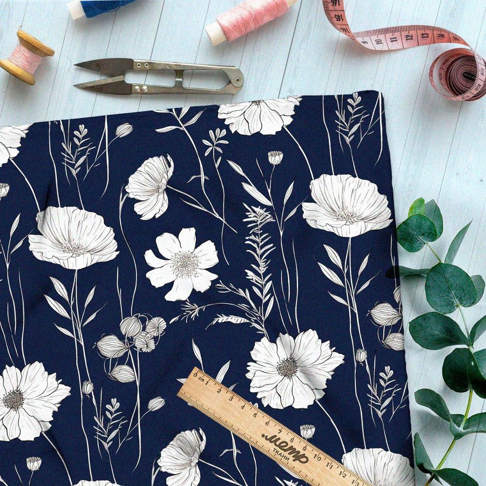 Ткань премиум шелк искусственный Армани белые полевые цветы на белом