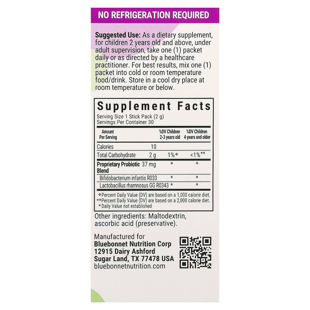 Bluebonnet Nutrition, Kids, пробиотик, для детей от 2 лет, без вкусовых добавок, 30 пакетиков по 2 г (0,07 унции)