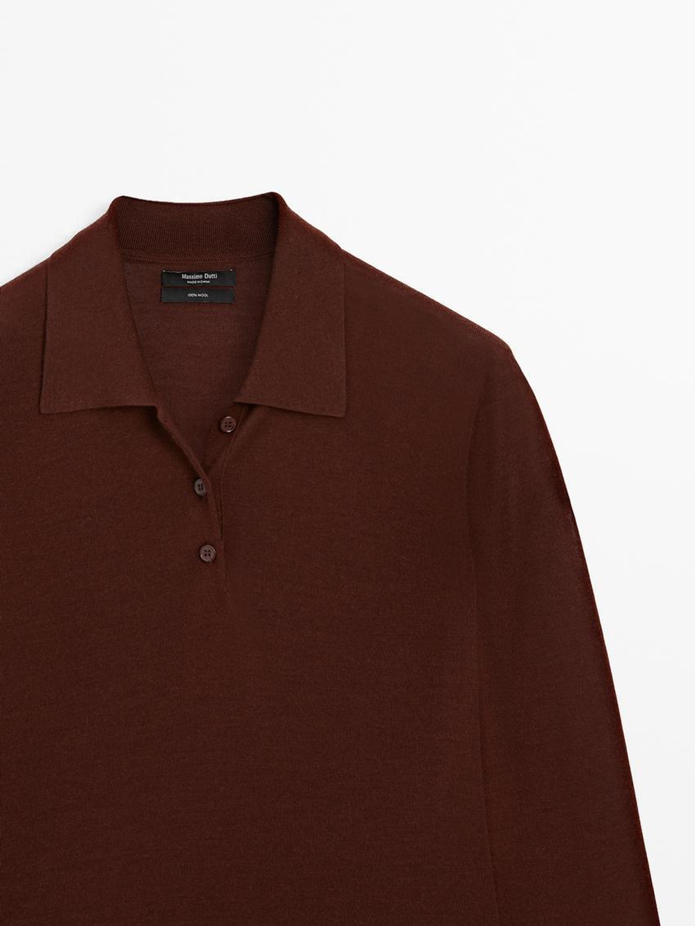 Massimo Dutti Свитер из 100% шерсти с воротником поло и пуговицами, черепичный