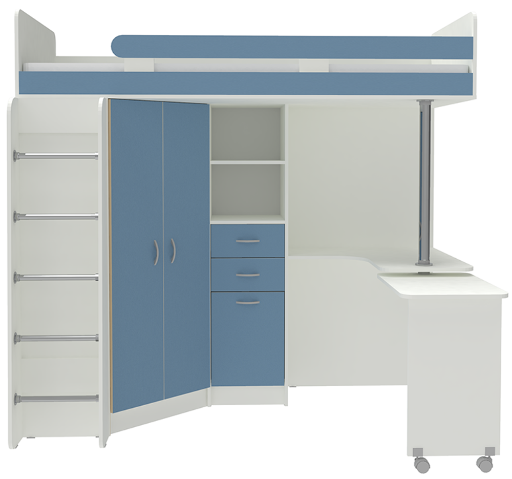 Кровать-чердак КарИВи Юниор 3 с металлической лестницей Белый  Светло-синий, голубой