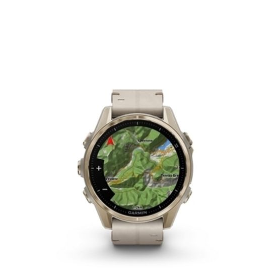 Мультиспортивные GPS часы Garmin Fenix 8S (43 mm) AMOLED, Sapphire Soft Gold Stainless Steel with Fog Gray Leather Band 010-02903-40