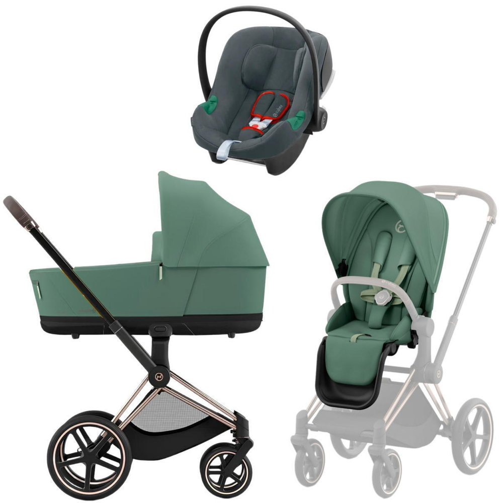 Коляска 3 в 1 Cybex Priam IV Rosegold complete и автокресло Aton B2 i-Size Steel Grey Leaf Green