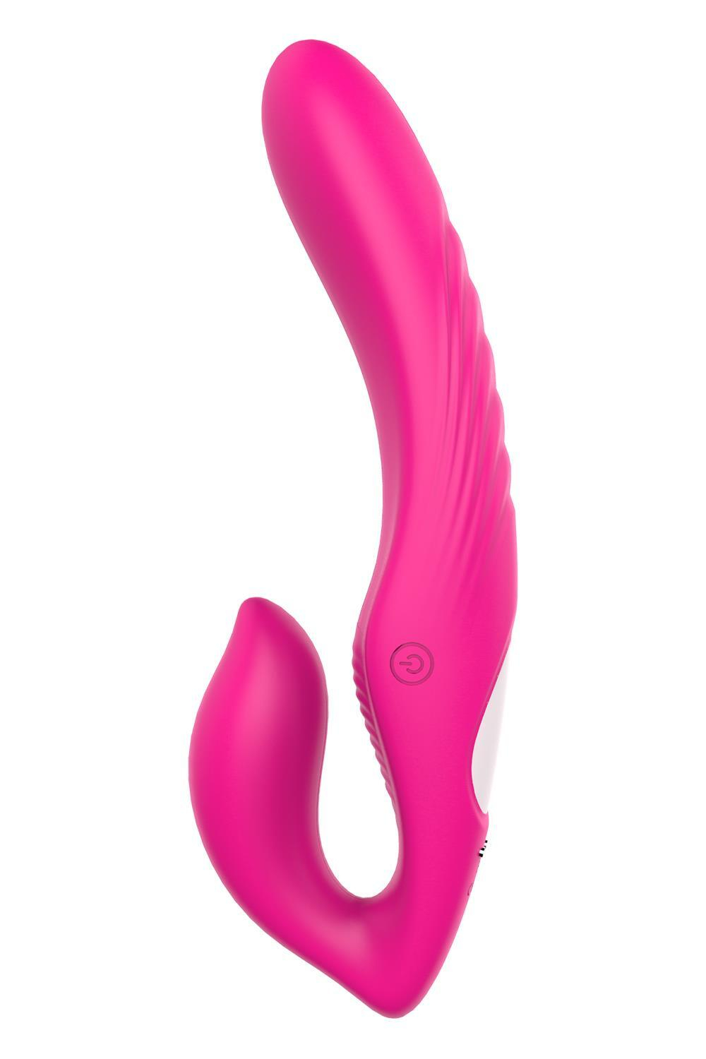 Ярко-розовый безремневой страпон Remote Double Dipper - 22 см.