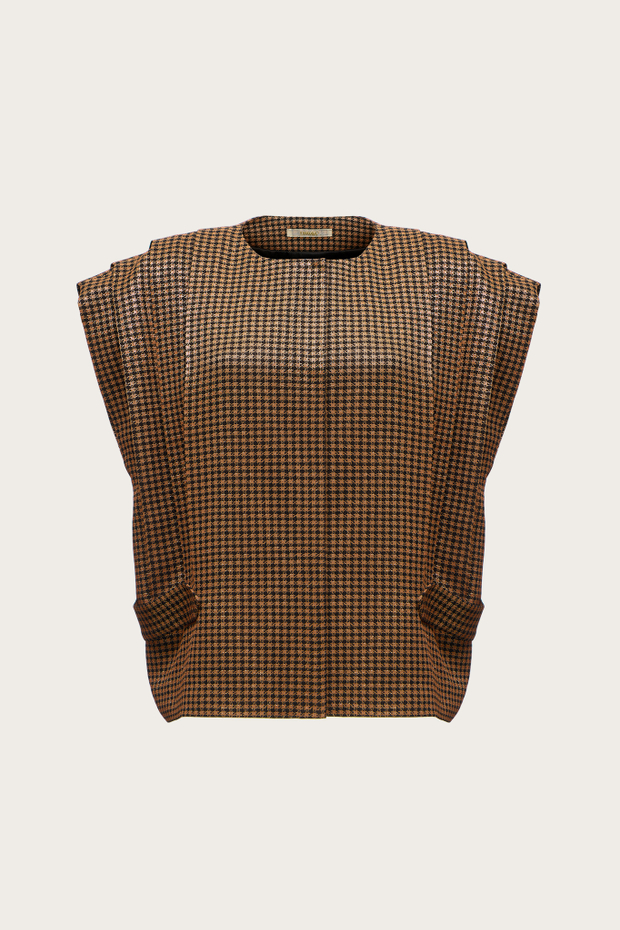 ЖИЛЕТ ИЗ КОРИЧНЕВОЙ ВИСКОЗЫ С ЛЮРЕКСНОЙ НИТЬЮ