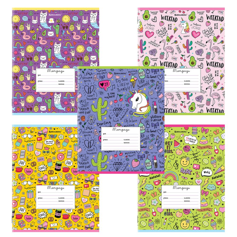 Тетрадь 24 л. BRAUBERG линия, обложка картон, "ЯРКИЙ МИКС", 106488, 5шт