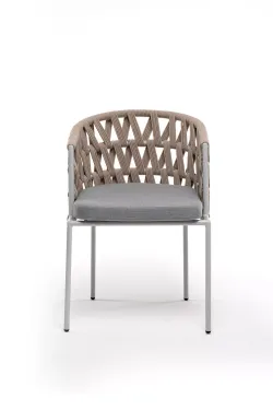 "Диего" стул плетеный из роупа, каркас из стали светло-серый (RAL7035) муар, роуп бежевый круглый, ткань светло-серая