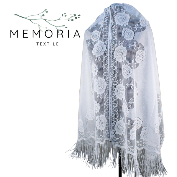 Шаль прямоугольная ритуальная Ажурная с кистями белая