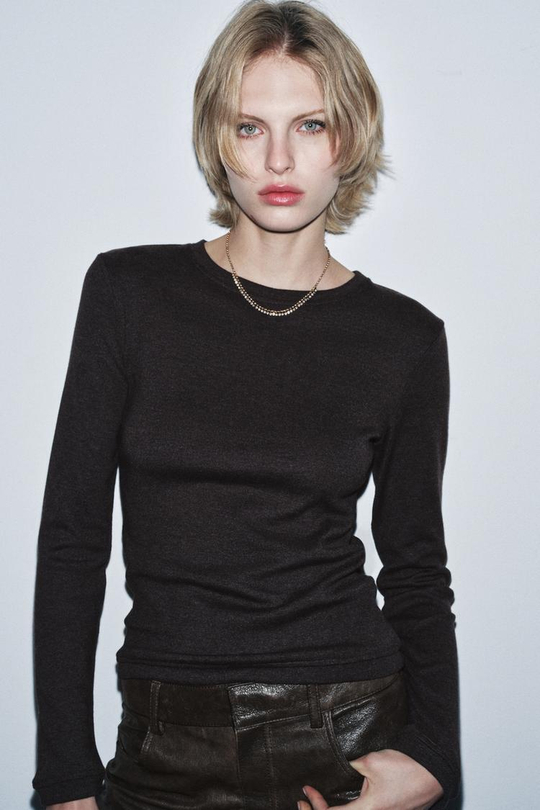 ZARA ФУТБОЛКА С ДЛИННЫМИ РУКАВАМИ, КОРИЧНЕВЫЙ МЕЛАНЖ