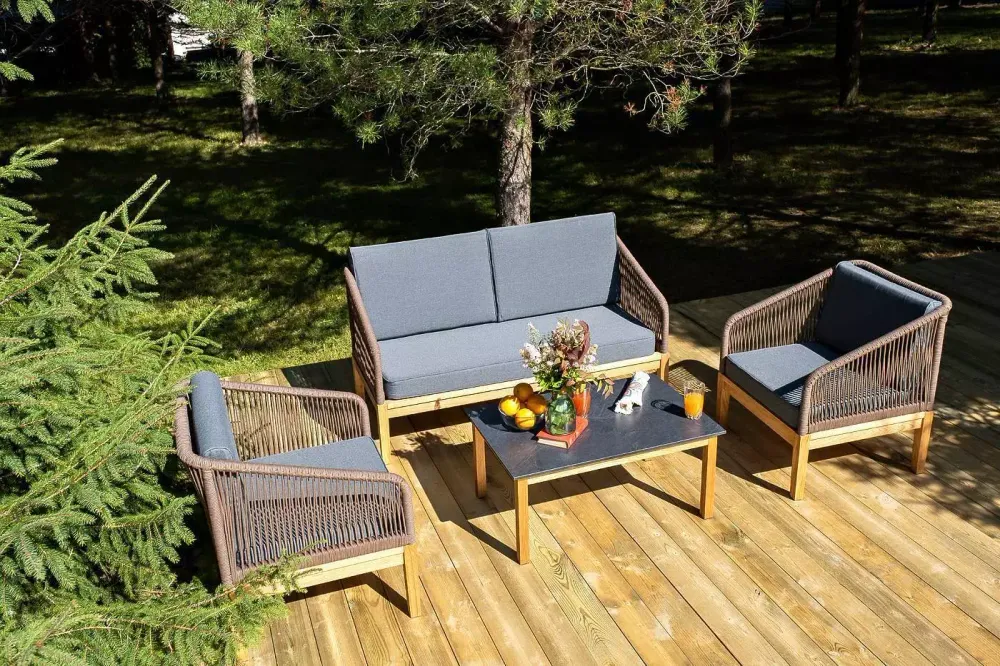 "Канны" лаунж-зона 4-местная из роупа со столиком "Канны" (серый гранит), основание дуб, роуп коричневый