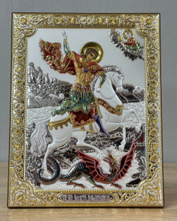 Георгий Победоносец, икона прямоугольная без рамки, красное дерево, эмаль 175х225