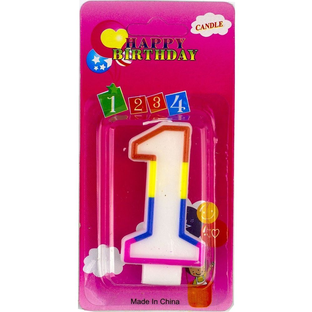 Свеча для торта с держателем Alingar, 7,0 см, "Цифра 1", белый цвет, цветная окантовка, блистер с европодвесом