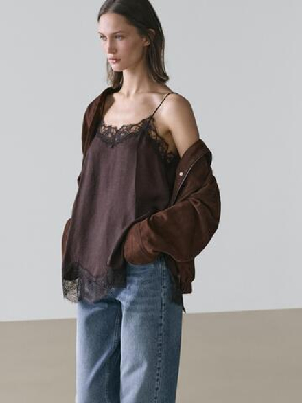 Massimo Dutti Топ в бельевом стиле с контрастной отделкой кружевом, коричневый