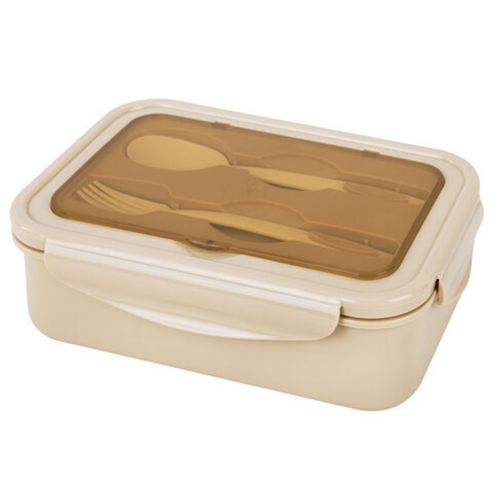 Ланч-бокс контейнер, 2 секции 3+1 отделение 1,4 л, ложка, вилка 7х21х14 см, бежевый, JOYLUX (ДЖОЙЛЮКС), 609349