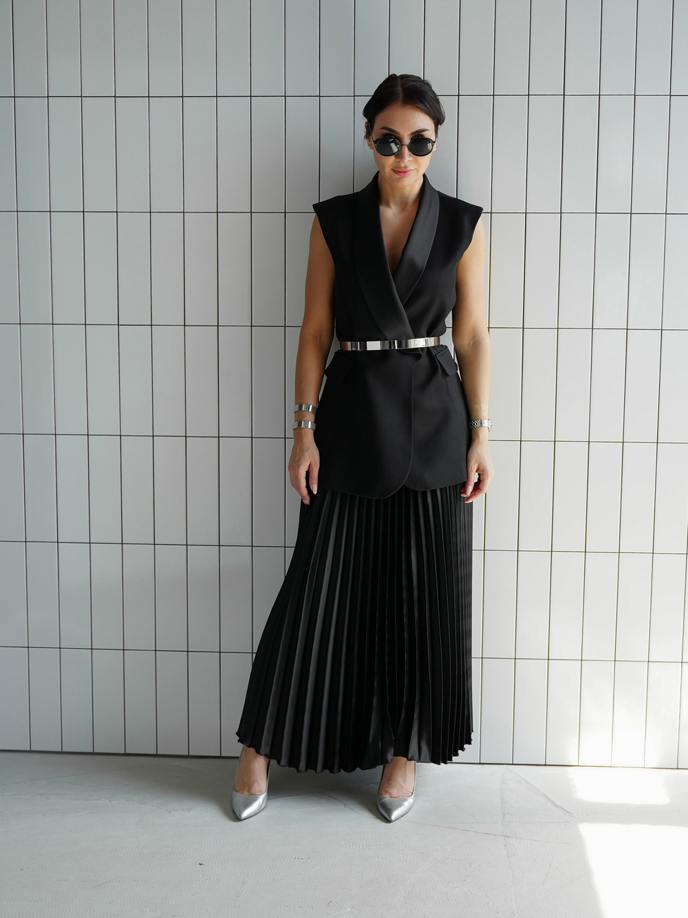 Юбка плиссе макси из сатина в черном