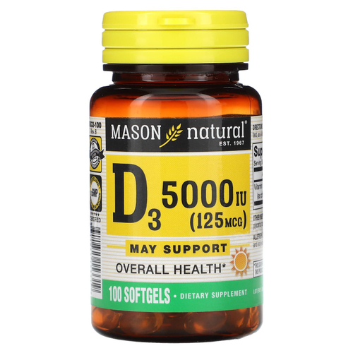 Mason Natural, Витамин D3, 125 мкг (5000 МЕ), 100 мягких таблеток
