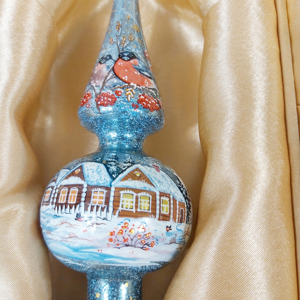 Сувенирный набор из 4-х новогодних шаров и наконечника с ручной росписью Палех "Сказки"