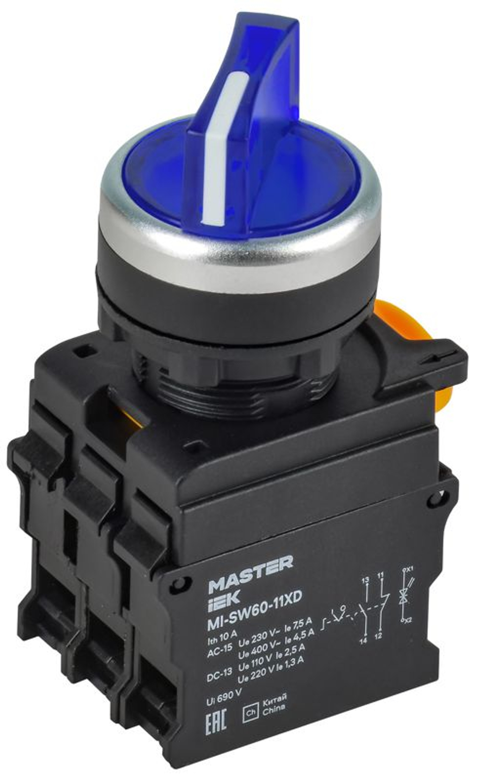 Переключатель 2 полож. 1НО+1НЗ с подсветкой син. MASTER IEK MI-SW60-11XD-3-14-2-K07