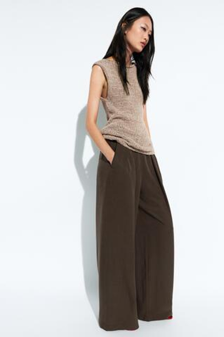 Massimo Dutti Брюки палаццо из струящейся ткани с защипами, коричневый
