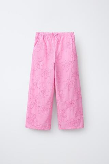 ZARA БРЮКИ WIDE LEG С ВЫШИВКОЙ ЦВЕТОВ, МЯГКИЙ РОЗОВЫЙ