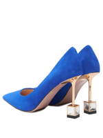 Женские замшевые синие туфли с авторским квадратным каблуком