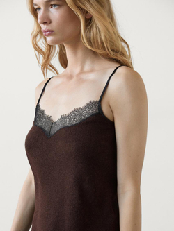 Massimo Dutti Топ в бельевом стиле с отделкой кружевом, шоколадный