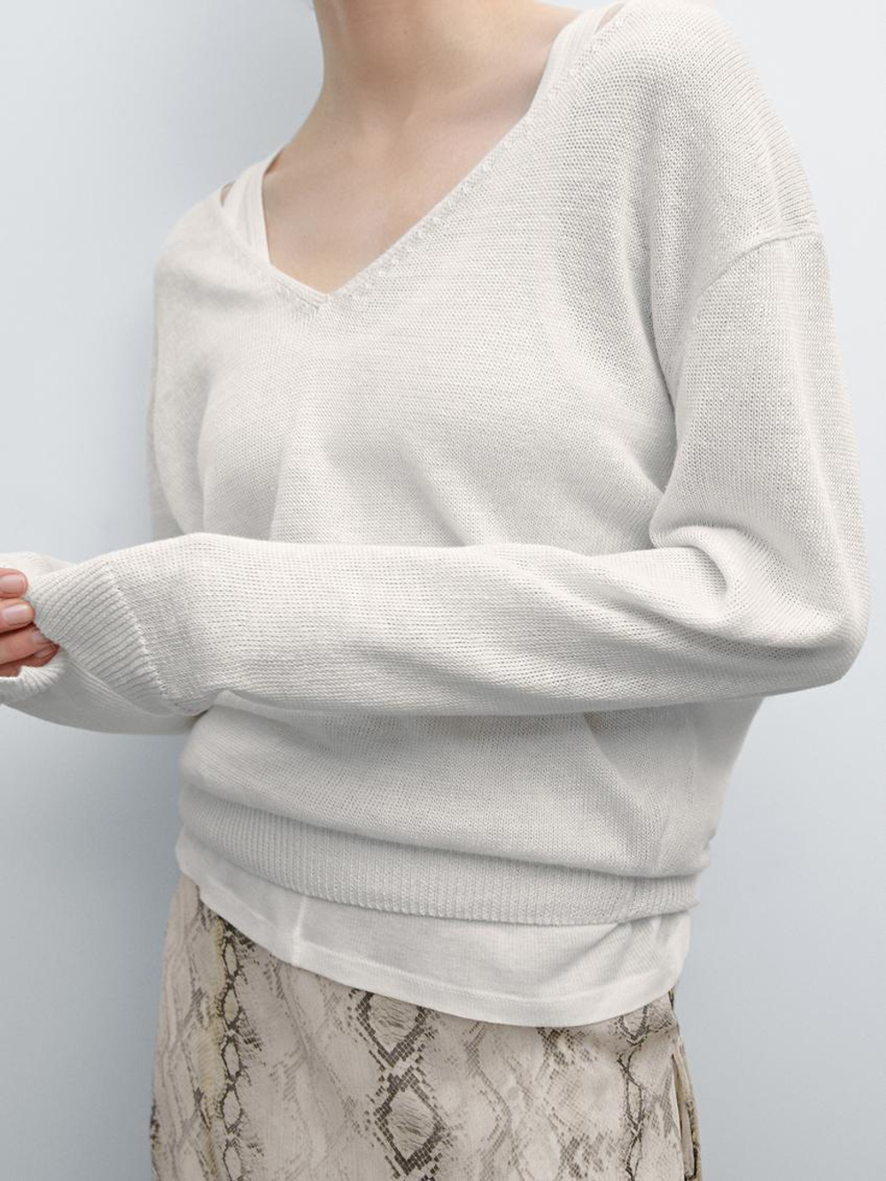 Massimo Dutti Свитер из 100% льна с V-образным вырезом, цвет слоновой кости