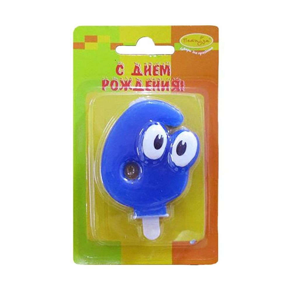 Свеча Цифра 6 "Синяя с глазками", 6,5 см.