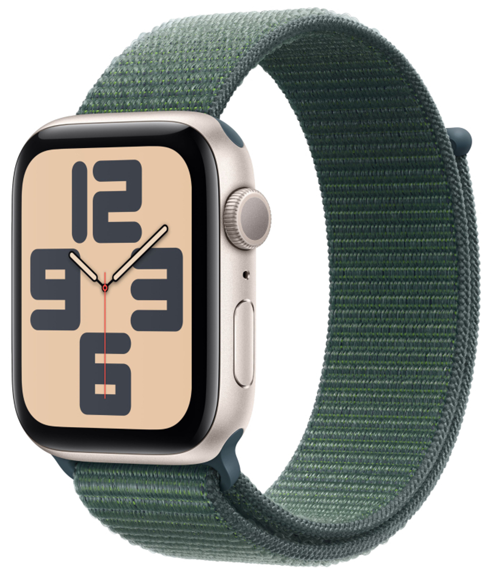 Часы Apple Watch SE, 44 мм, алюминий цвета «сияющая звезда», браслет Sport Loop цвета «горное озеро» (2024)