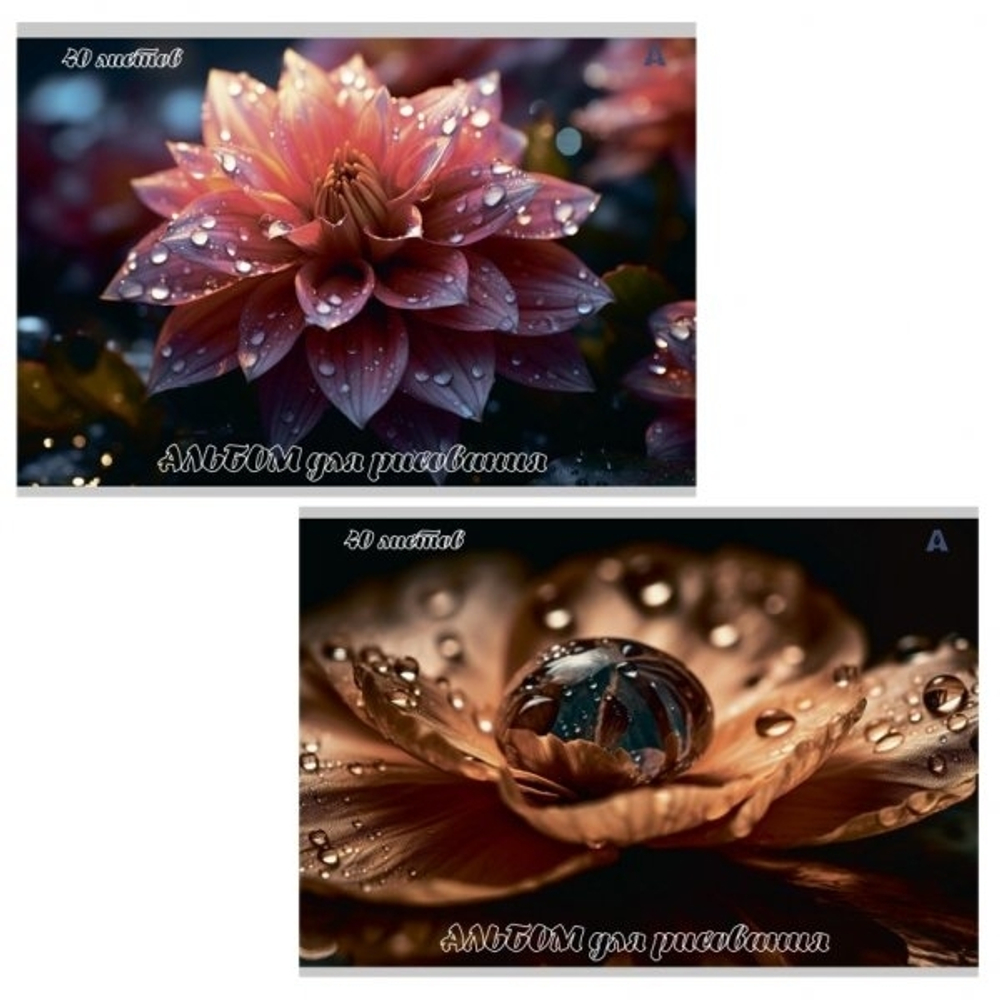 Альбом для рисования А4 40л., Alingar, на скрепке, мелованный картон (стандарт), 100 г/м2, "Цветы", 2 дизайна в пленке т/у