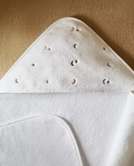 ZARA HOME ДЕТСКОЕ ПОЛОТЕНЦЕ С КАПЮШОНОМ И ПРИНТОМ «ЛУНА И ЗВЕЗДЫ», ЖЕЛТОВАТО-БЕЛЫЙ