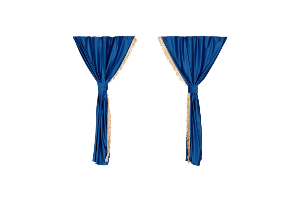 Шторы спального места с прихватами в кабину Volvo, Scania, MAN, DAF, Merc, Камаз, Sitrak, Shacman, Foton, FAW. Высота 1,5м, ширина одной стороны - 1,15м. Блэкаут, велюр. Синий цвет с бежевой бахромой