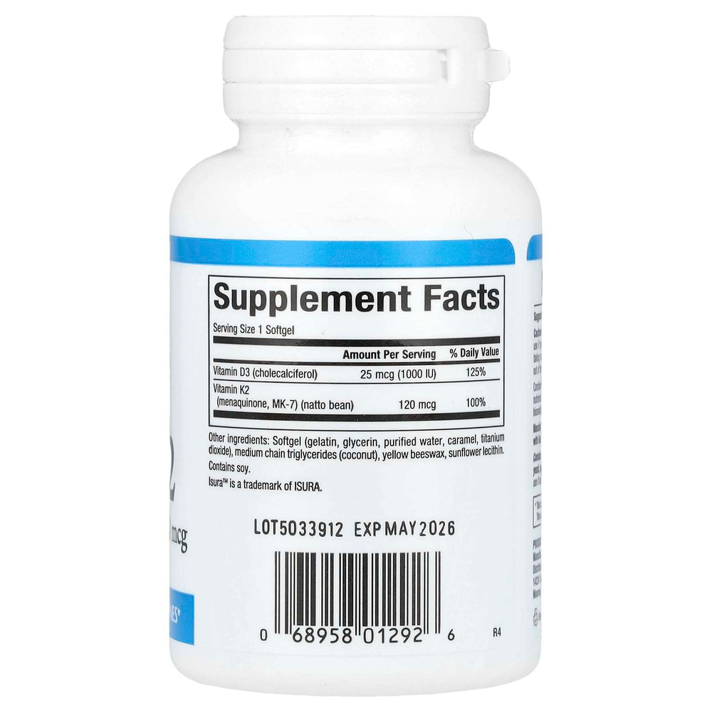 Natural Factors, витамины D3 и K2, 25 мкг (1000 МЕ) и 120 мкг, 60 капсул