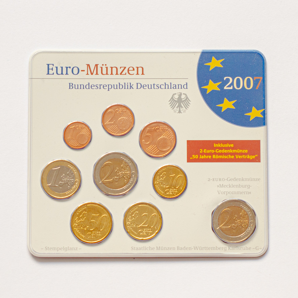 Germany 2007 Year Set (A, D, F, G, J) + 5 x 2 Euro: "Schwerin Castle (Mecklenburg-Vorpommern)" and "50th anniversary of the Treaty of Rome"