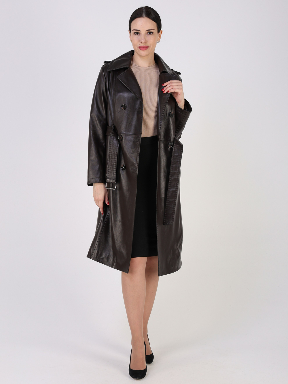 Тренч длинный кожаный с поясом плащ