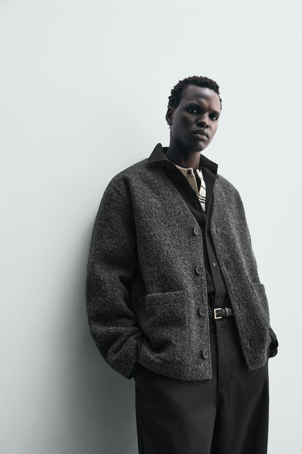 ZARA КАРДИГАН ИЗ РЕЛЬЕФНОЙ ТКАНИ С ШЕРСТЬЮ, АНТРАЦИТОВО-СЕРЫЙ