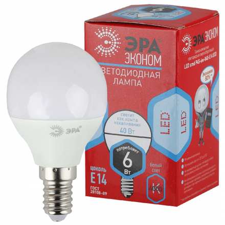 Лампочка светодиодная ЭРА RED LINE ECO LED P45-6W-840-E14 E14 / Е14 6Вт шар нейтральный белый свет