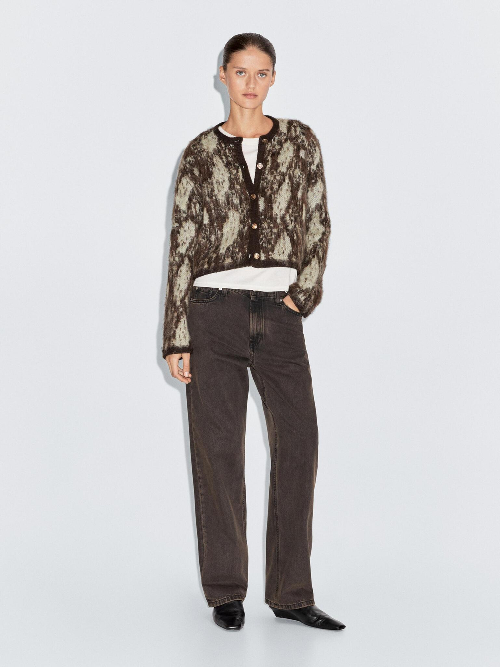 Massimo Dutti Вязаный кардиган с принтом, коричневый