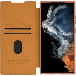 Кожаный чехол книжка коричневого цвета от Nillkin для Samsung Galaxy S23 Ultra, серия Qin Pro Leather с защитной шторкой для камеры