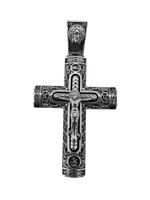 Крест деревянный с элементами серебра "Распятие.Георгий Победоносец.Казанская Богоматерь.Святой Николай Чудотворец.Спиридон Тримифунтский.