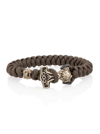 Браслет из оливкового паракорда с шармом Молот тора Bayer и медведем из мельхиора, вид спереди