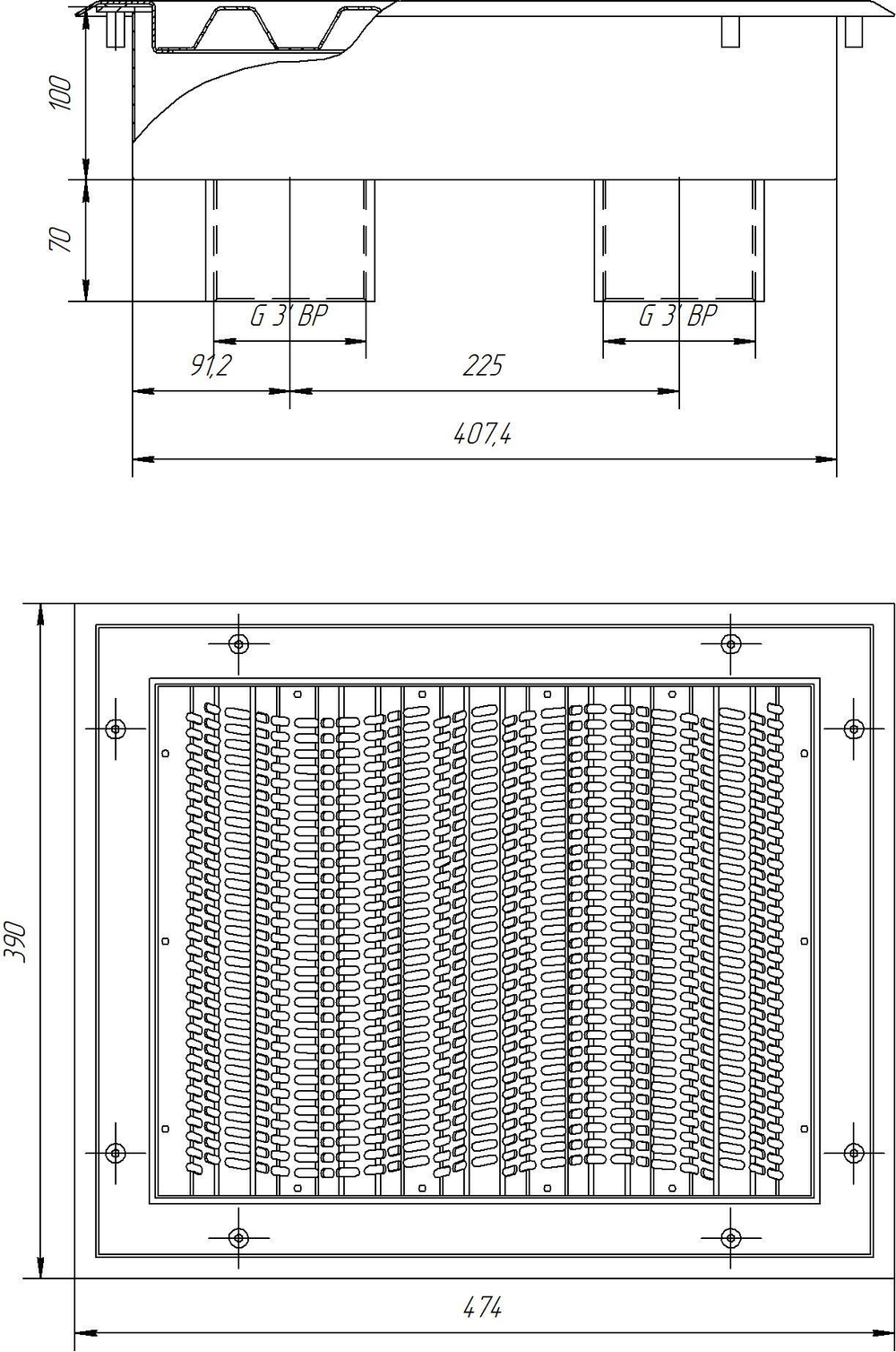 RV Водозабор прямоугольный (закладная+лицевая панель) под плитку (90 м³/ч, ВР3″ - 2 шт, AISI-304)