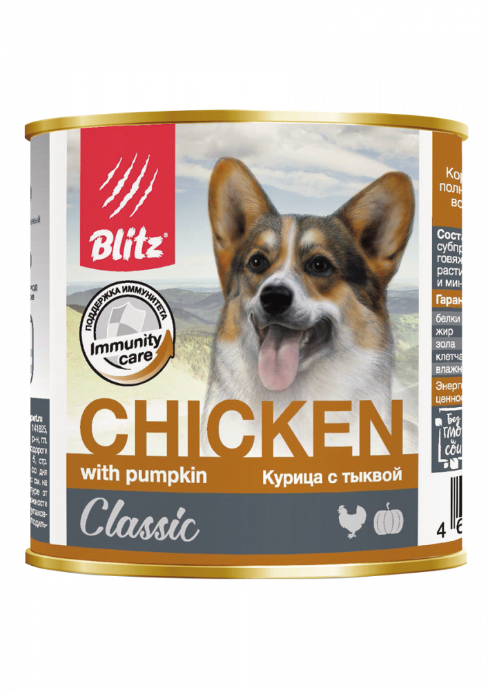 Blitz Classic Dog Chicken whith Pumpkin собаки всех пород, курица тыква, банка (400 г)