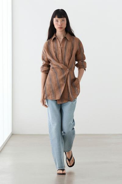 Massimo Dutti Рубашка из 100% льна в полоску с запахом, коричневый