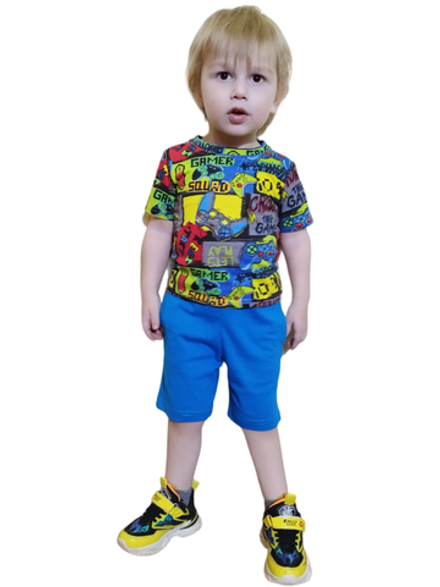 10501 Костюм детский (футболка+шорты) джойстики на цветном/электрик (64-122,128)